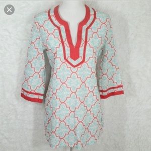 J. Crew printed tipped v-neck blue coral tunic